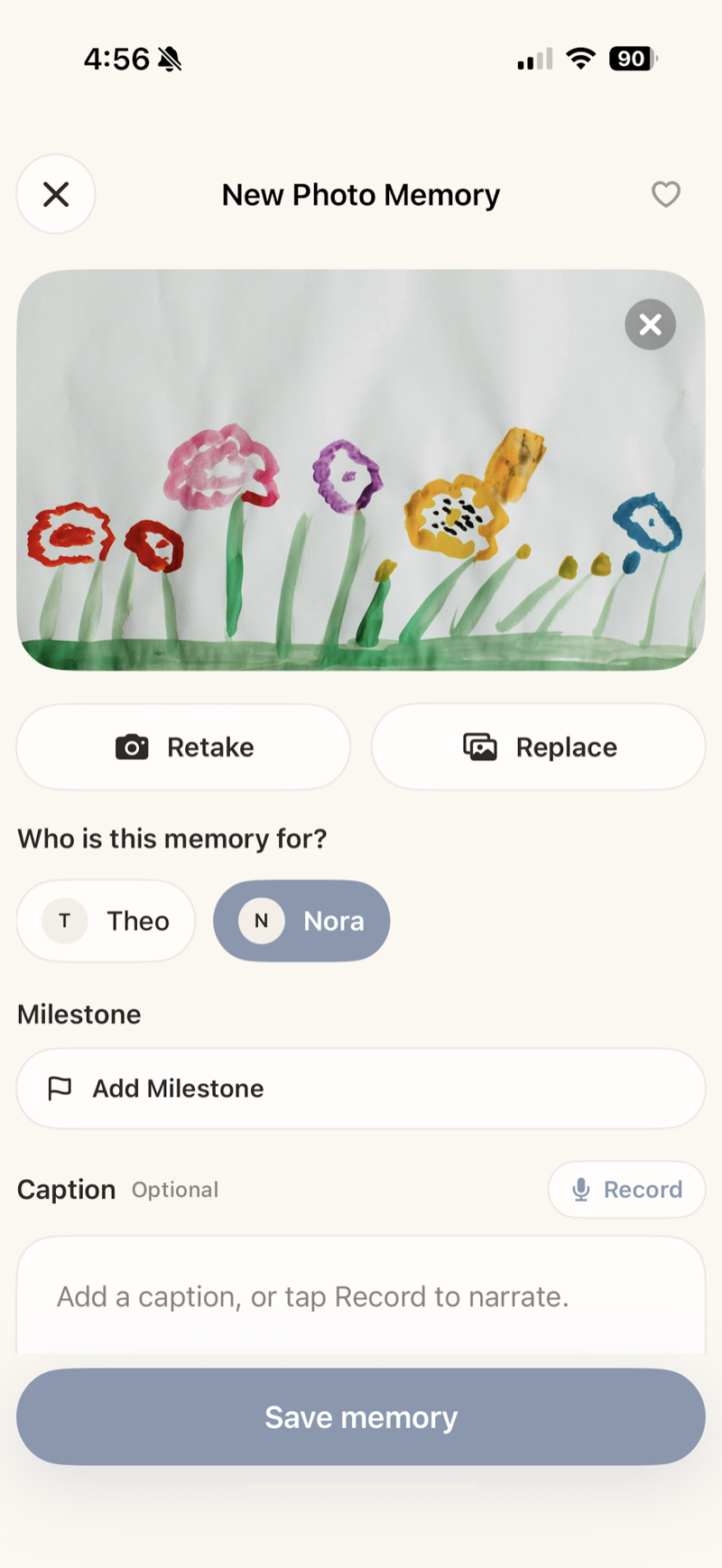 Adding a photo memory and tagging a child
